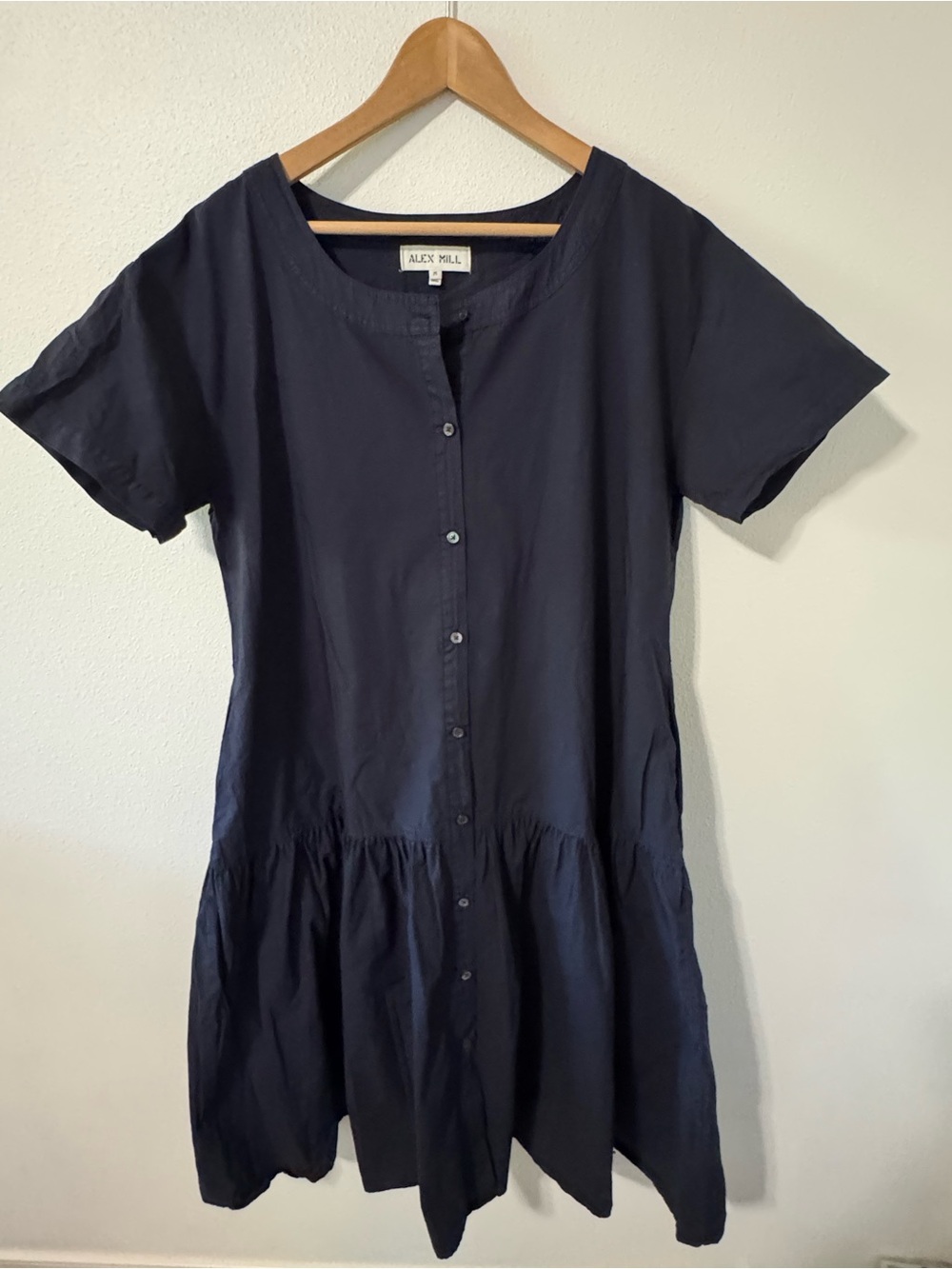 Alex Mill Josie Cotton Poplin Shirt Dress Navy Short Sleeve Pockets Drop Waist-M